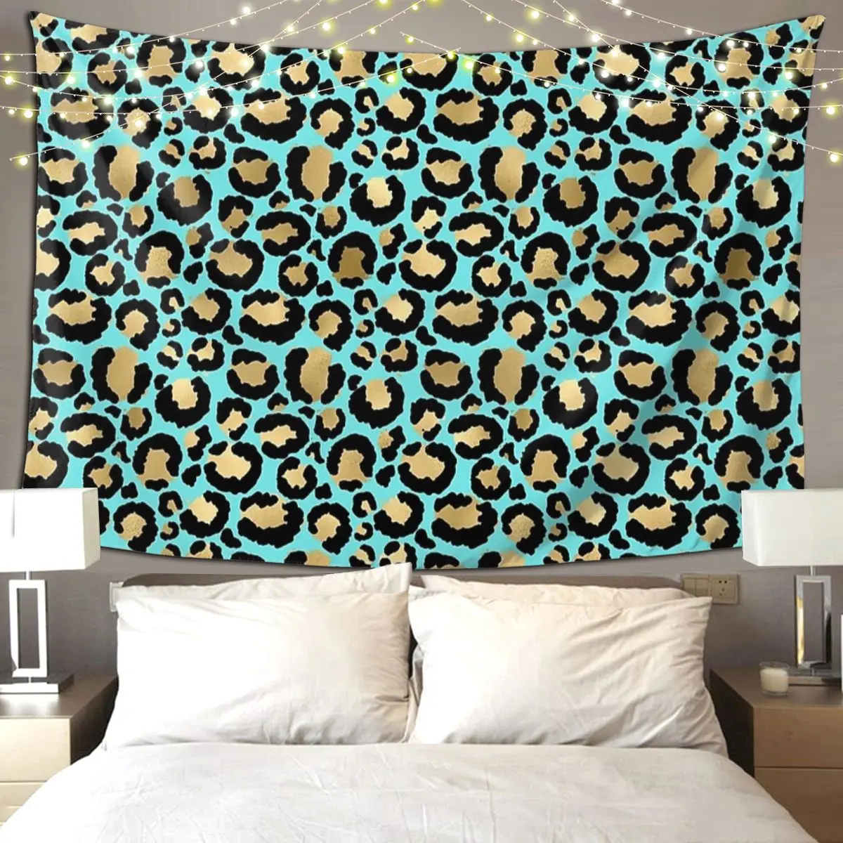 

Blue Turquoise Gold Metallic Leopard Print Fur Spots Tapestry Hippie Wall Hanging Aesthetic Home Tapestries for Living Room Dorm