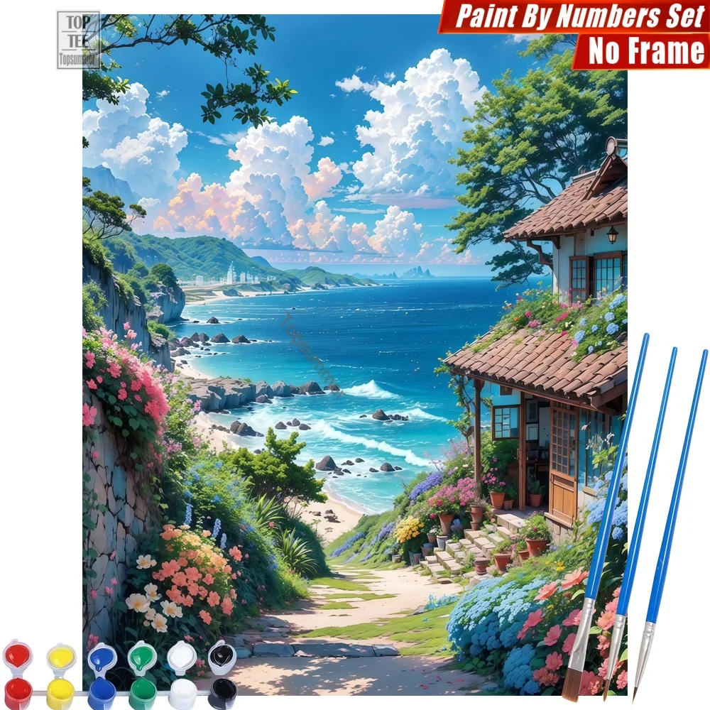 

Набор для рисования по номерам «Пейзаж прибрежной дороги» — традиционный дом, цветы, декор для комнаты, подарок на День благодарения для мамы