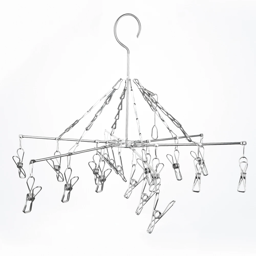 18-Clip Socks & Underwear Hanging Rack, Stainless Steel Clothes Hanger with Clips - Windproof, Durable, Foldable, Space - Saving