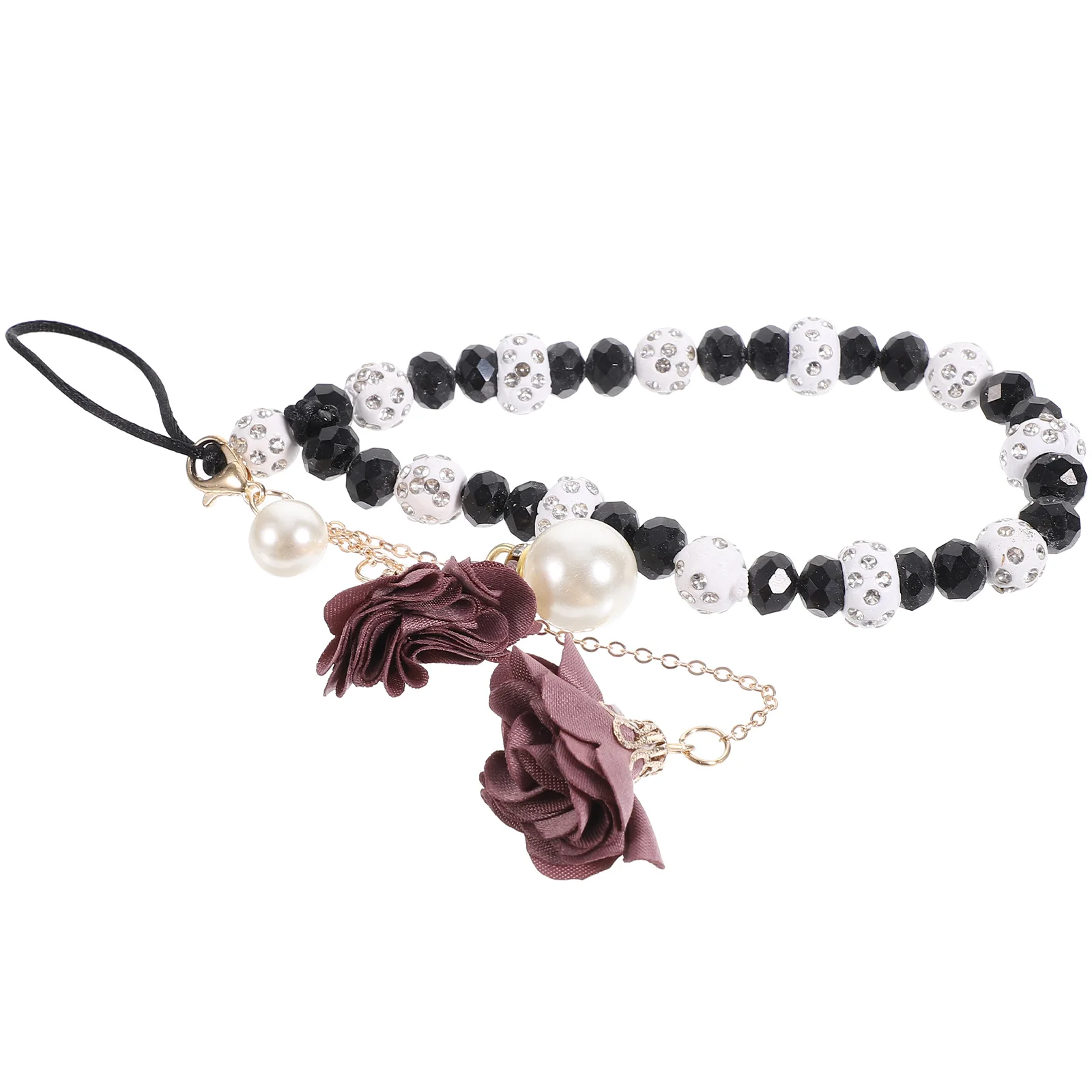 Crystal Flower Pendant Beaded Strap Black Wrist Charm Anti Lost Keychain Lanyard for Phone MP3 Camera 120cm Strong Thread