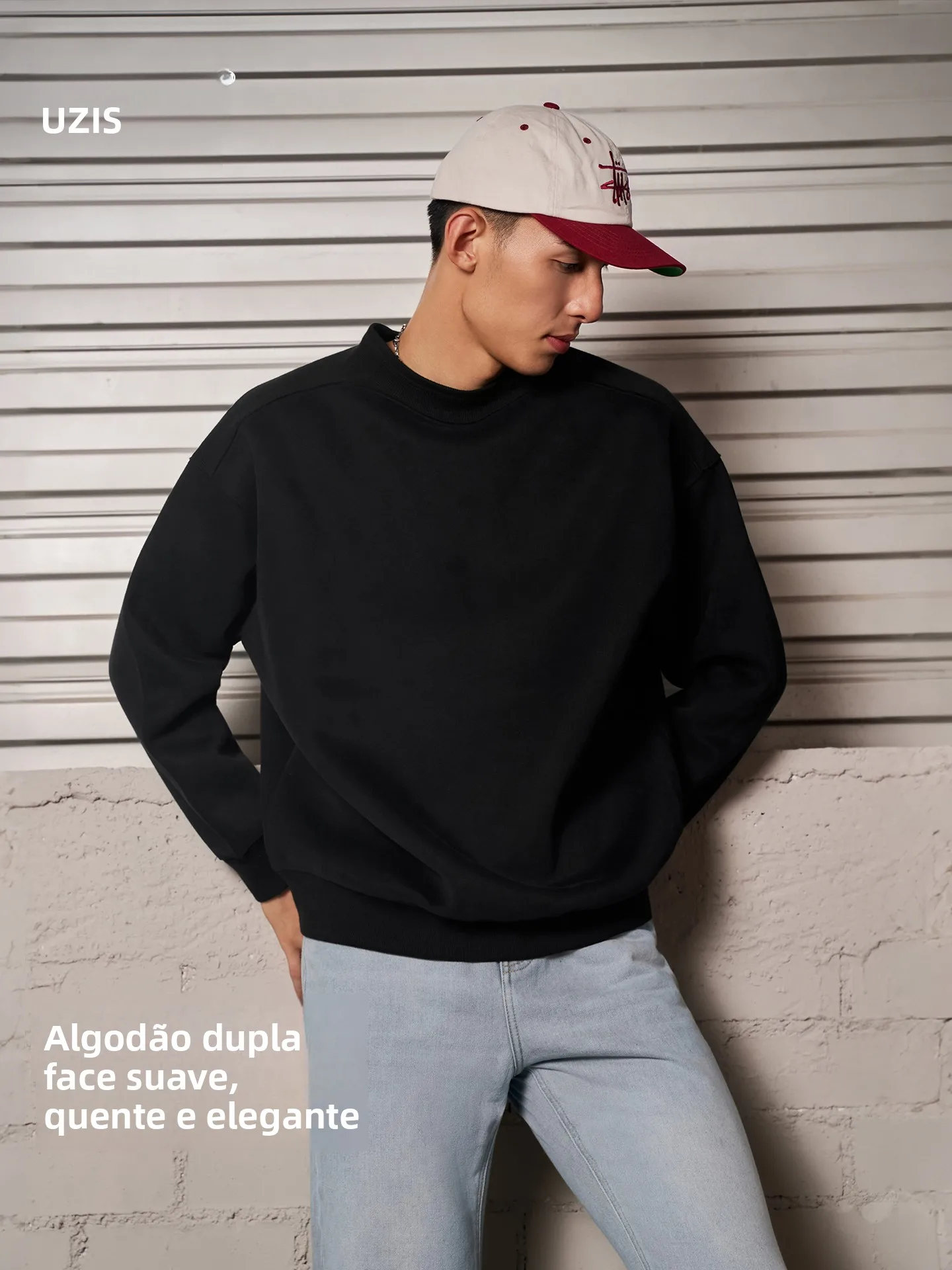 uzis-メンズ-スポーティ-スウェットシャツ-厚手-ルーズフィット-ハーフハイカラー-秋冬-コットン-ポリエステル混紡-抗菌-長袖