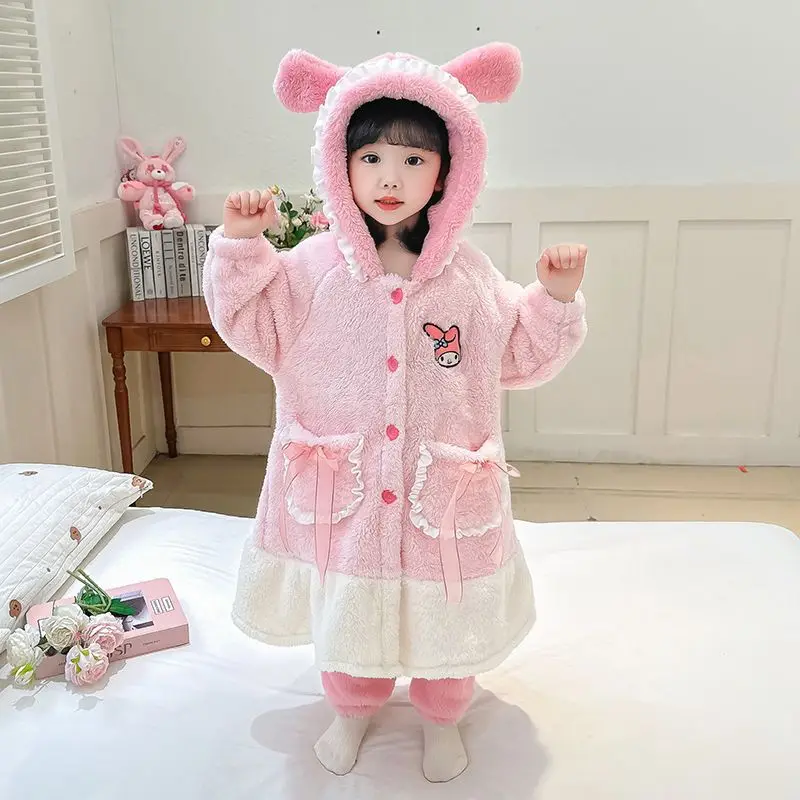 Kawaii My Melody Kuromi Kids Plush Pajamas Robe Anime Winter Cartoon Girl Coral Fleece Warm Thicken Hooded Nightgown Home Wear