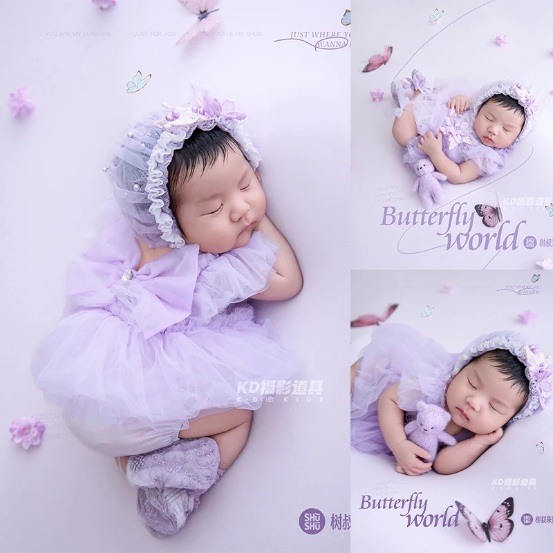 かわいいプリンセス新生児写真撮影衣装女の赤ちゃん紫チュールドレス花柄ボンネットスーツ0-1ヶ月幼児スタジオ撮影衣装