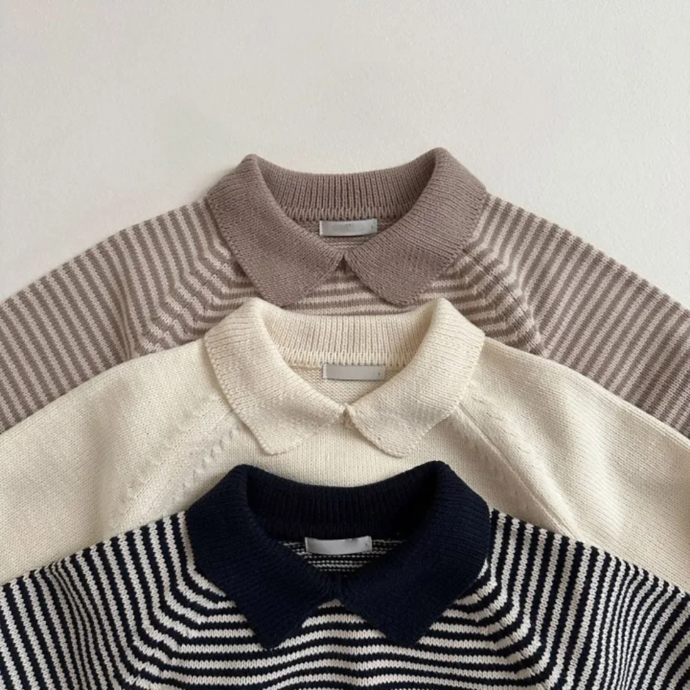 4155 Korean Baby Sweater Autumn 2024 New Lapel Stripe Baby Boy\'s Knitted Sweater 1-7Year Kid\'s Pullover Tops