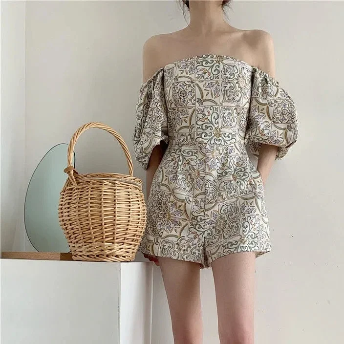 

Women's Summer 2024 French Retro Square Collar Cottagecore Ceramic Tile Print Dress Korean High Waist Dress Fall Fashion New