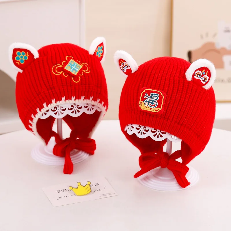 Baby New Year Red Dragon Knitted Hat Newborn Cute Hat Baby Weeks Old Winter Warm Ear Protection Beanies Cap 3-12 Months