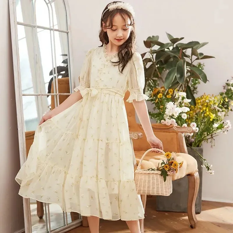 Girls Summer New Dress Youth Chiffon Waist Princess Skirt Children Pastoral Style Clothes 6 8 10 12 14 16 Years