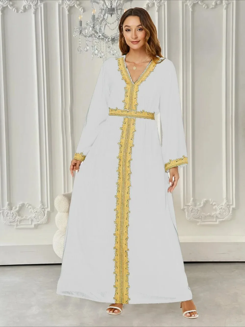 Sweet Long Sleeve Eid Turkey Muslim Dress Women Kaftan Long Robe Abaya V Neck Vestidos Islamic Clothing Arabic Dresses Mulsuman