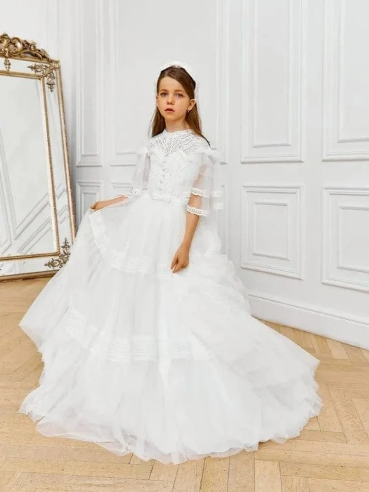Custom White Flower Girl Dress High Neck Crochet Lace Sheer Ruffle Half Sleeve Multi-Tier Ruffled Tulle Floor Length