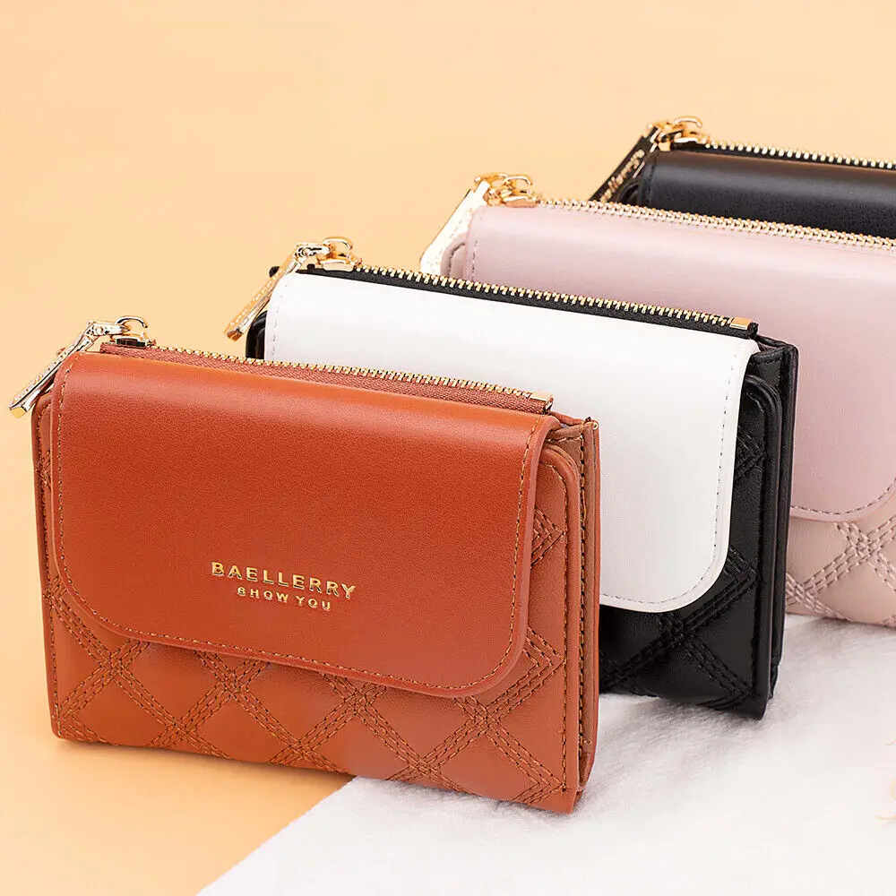 Modische Damen-Geldbörsen aus Leder, dreifach faltbar, kurzes Kreditkartenetui, Geldbörse mit Reißverschluss, Münzfach, Foto, niedliche rosa Geldbörse für Mädchen