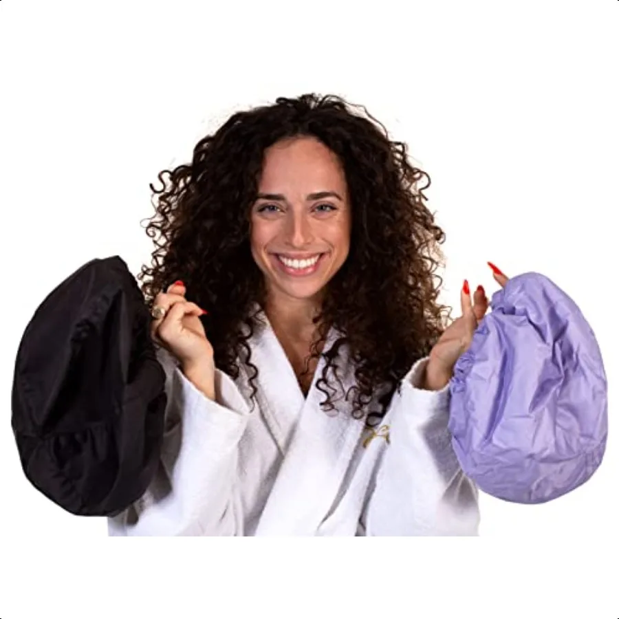 

2 шапочки для душа премиум-класса для женщин 500+ душа 100 водонепроницаемых двухсторонних для длинных волос отлично подходят для кудрей с защитой от вьющихся волос (черный, фиолетовый)