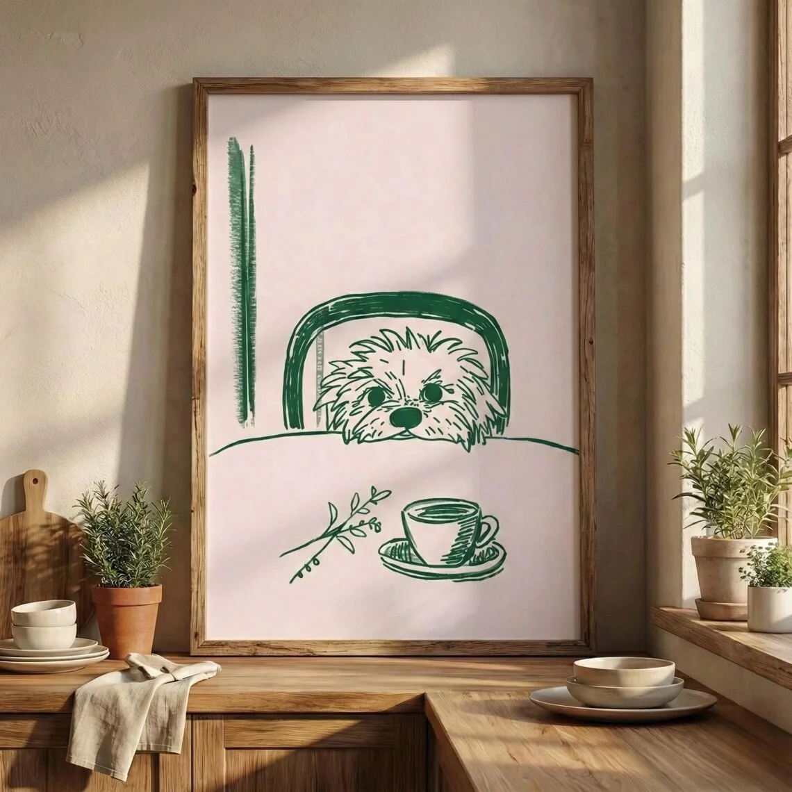 Sneaky Dog Kitchen Print Abstract Coffee Wall Art Funny Dinner Decor Modern Animal Puppy Sketch Breakfast Poster Digital Downloa