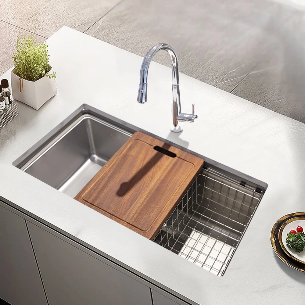 Thsink Single Bowl Rectangular 304 Stainless Steel Undermount Kitchen Sink Satin Surface 1 Year Warranty One Hole Design Faucet