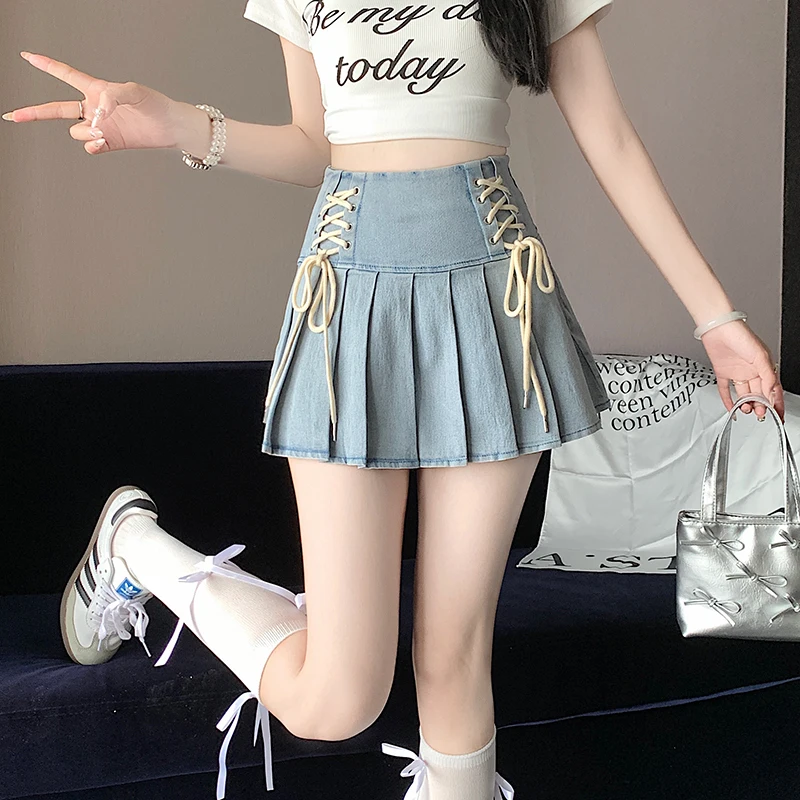 Women's Light Blue A-line Pleated Denim Skirt Vintage Fashion 90s Aesthetic Y2k Mini Skirts Harajuku Korean Skirt 2000s Clothes