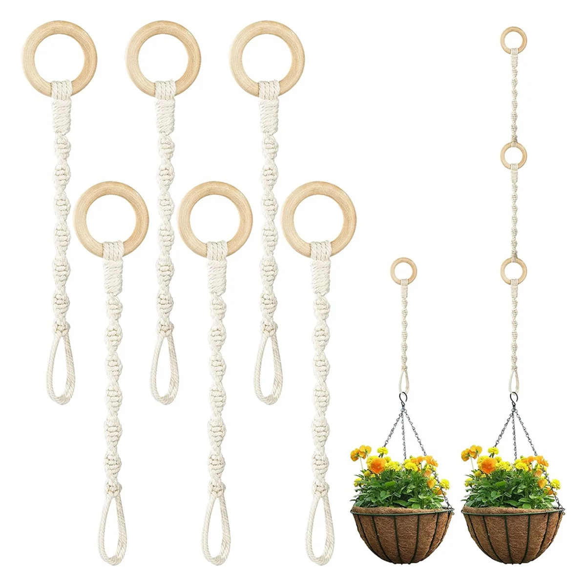 6-Pack Plant Hanging Extender Wood Ring Hand Woven Flower Pot Rope Hanging Cotton Rope Garden Flower Pot