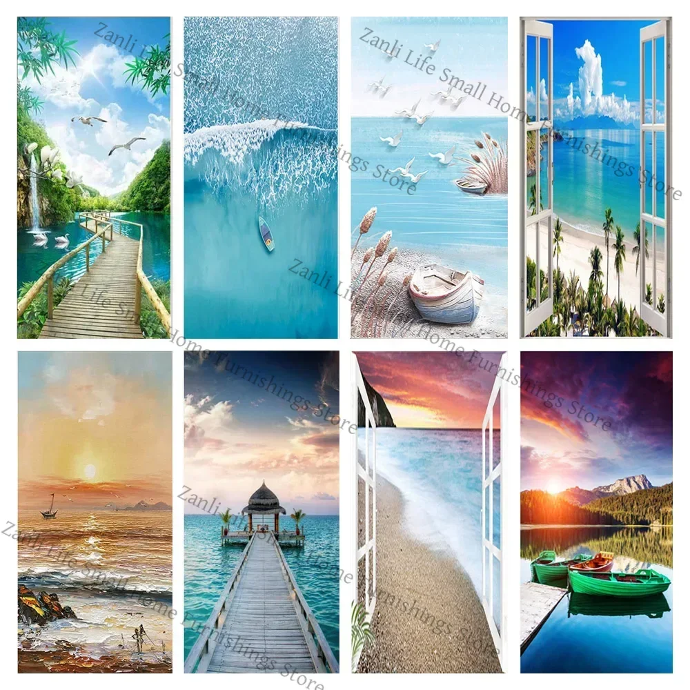 

3D Seaside Landscape Door Sticker Beach Poster Vinyl PVC Matte Film Waterproof Self Adhesive Home Decor Mural Wallpaper