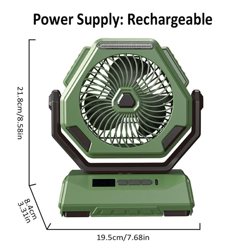 Ventilador para acampar al aire libre 6000Mah Ventilador oscilante de techo recargable Aire acondicionado portátil Enfriador de aire con iluminación duradera -B