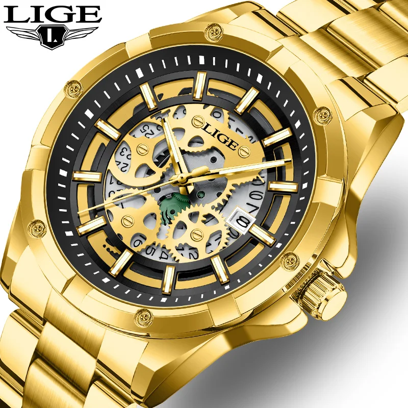

LIGE New Men Watch Skeleton Quartz Wristwatch Gold Skeleton Retro Man Watch Top Brand Luxury Clock Mens Watches Reloj Hombre