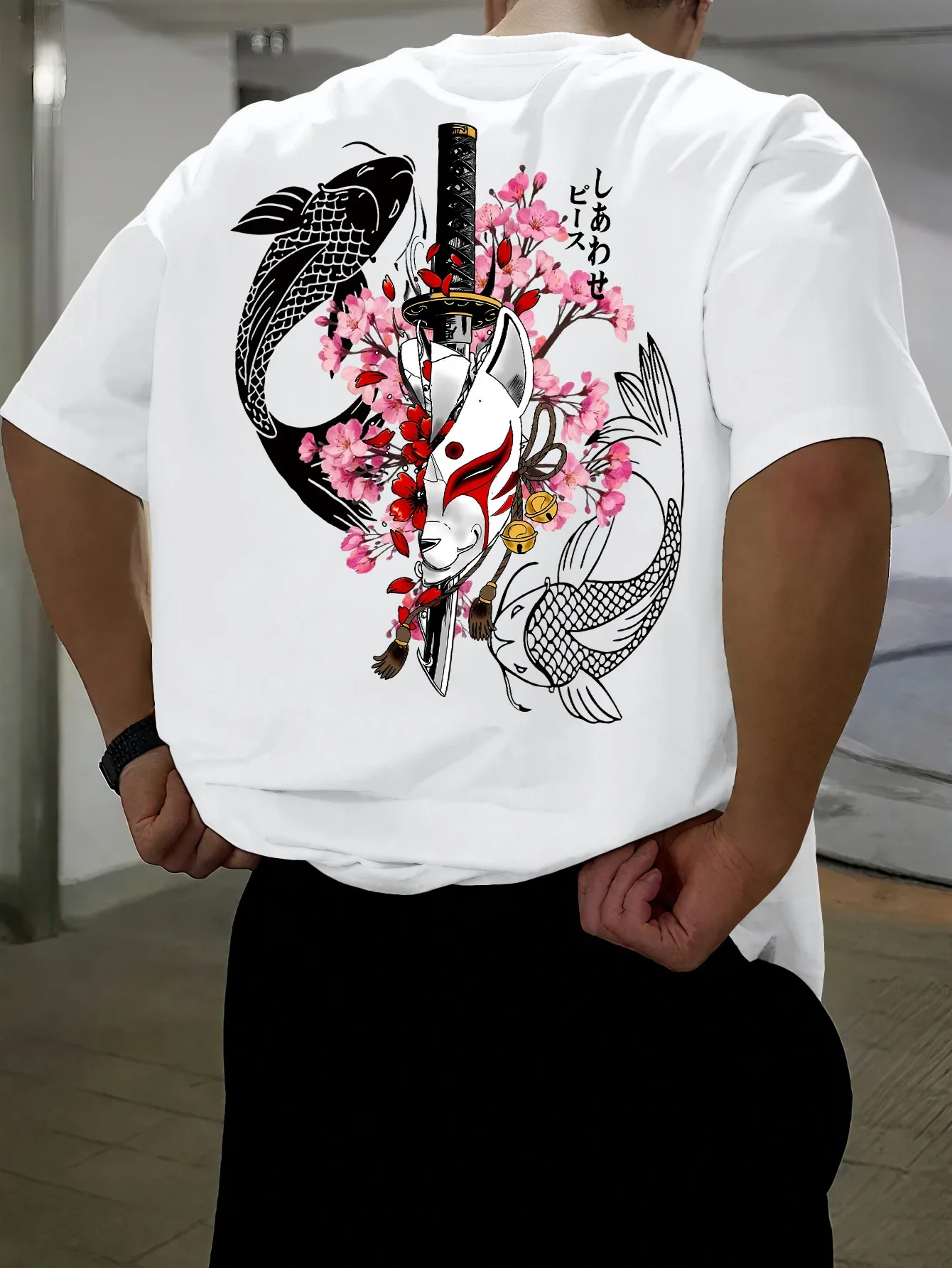 American-style Summer Men  T-shirt Suitable Daily Wear Features Elements Such As Fox Mask Koi Fish Sword Etc. 100% Pure Cotton