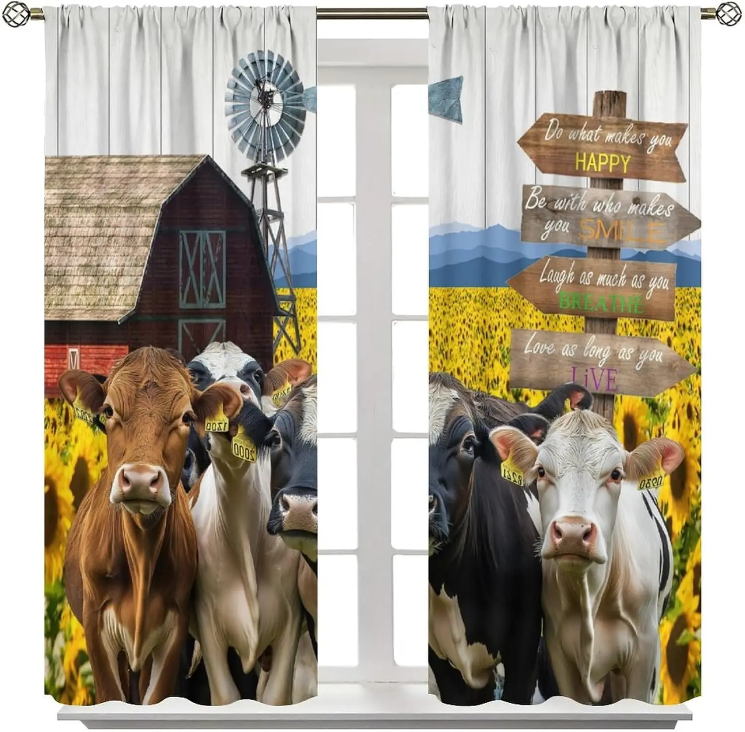 Rustic Farm Curtains, Vintage Wooden Panel Sunflower Windmill Cottage Farmhouse Cow Animals Decor Windows Treatments, Thermal
