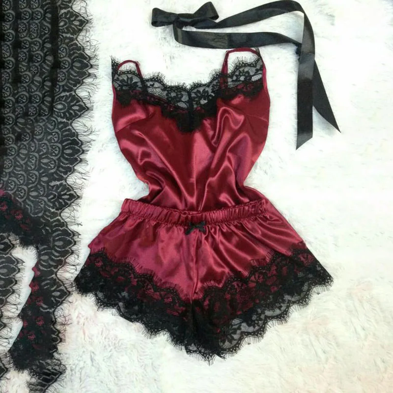 Sexy Pyjamas Set Frauen Nachtwäsche Eis Seide Satin Nachthemden Robe Dessous Set – Detail 7
