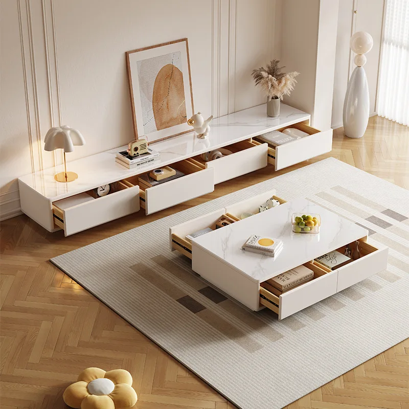 Coffee table TV cabinet combination solid wood small apartment floor-to-ceiling white rock slab guest