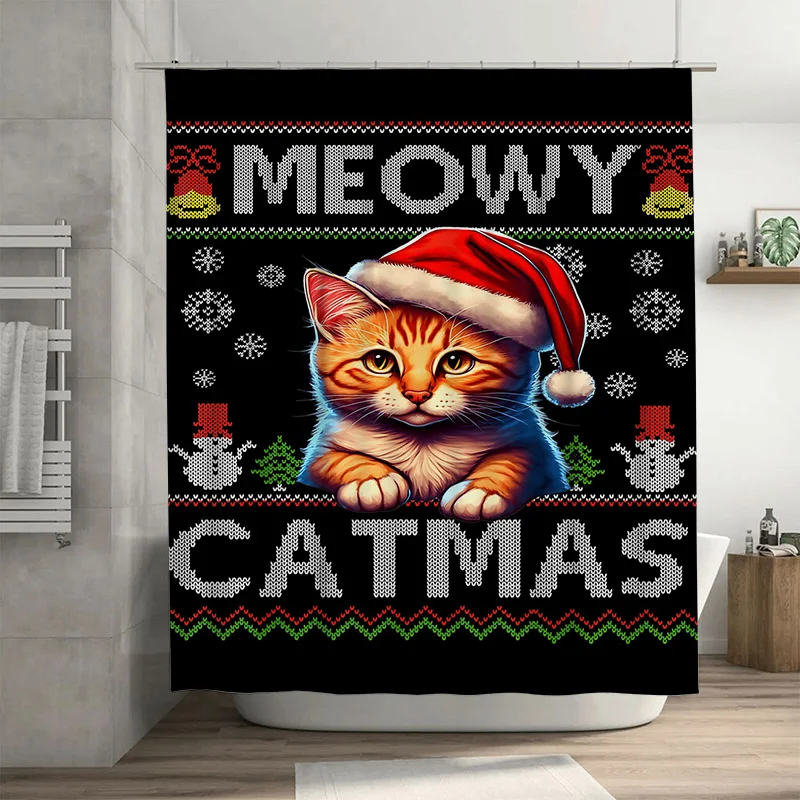Funny Cat Christmas Shower Curtain, Orange Tabby in Santa Hat with Meowy Catmas Text for Pet Lovers Holiday Bathroom Decor