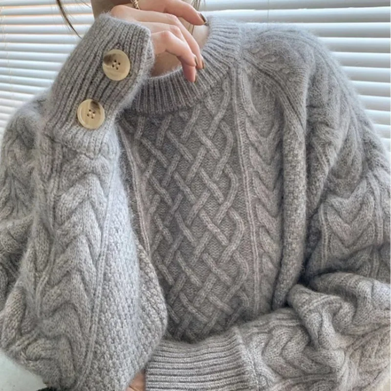 

Fall and Winter Women Pullover Sweater Japanese Retro Casual Solid Color Round Neck Loose Knit Top Thickened Warm Knitted Jumper