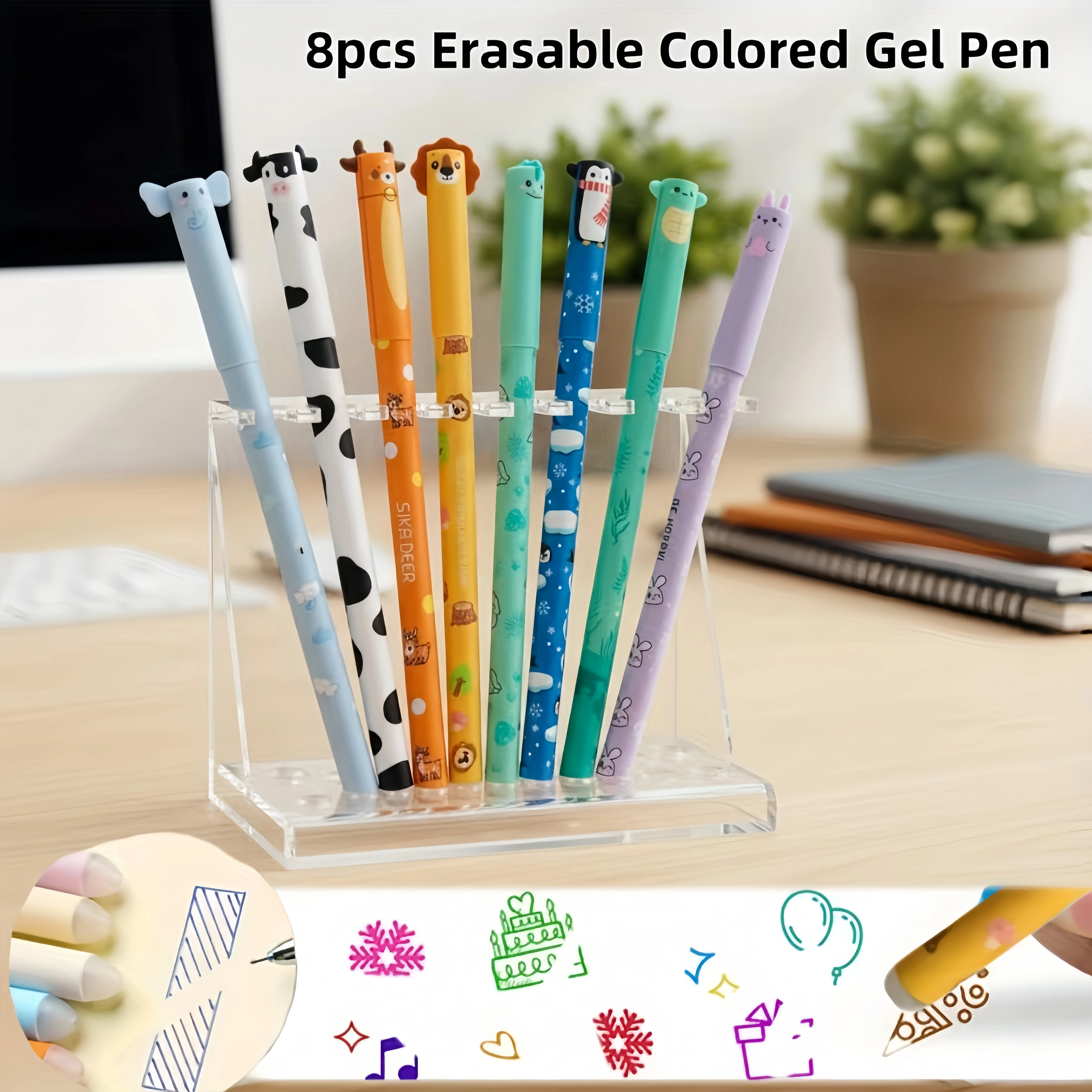 8Pcs/Set Colorful Erasable Cartoon Gel Pens, 8 Different Color Refills, Cute Cartoon Designs, 0.6mm Colorful Refills, Gel Pens for Note-Taking, Marking Gel Pens, Colorful Marking Pens for Study and Office Use