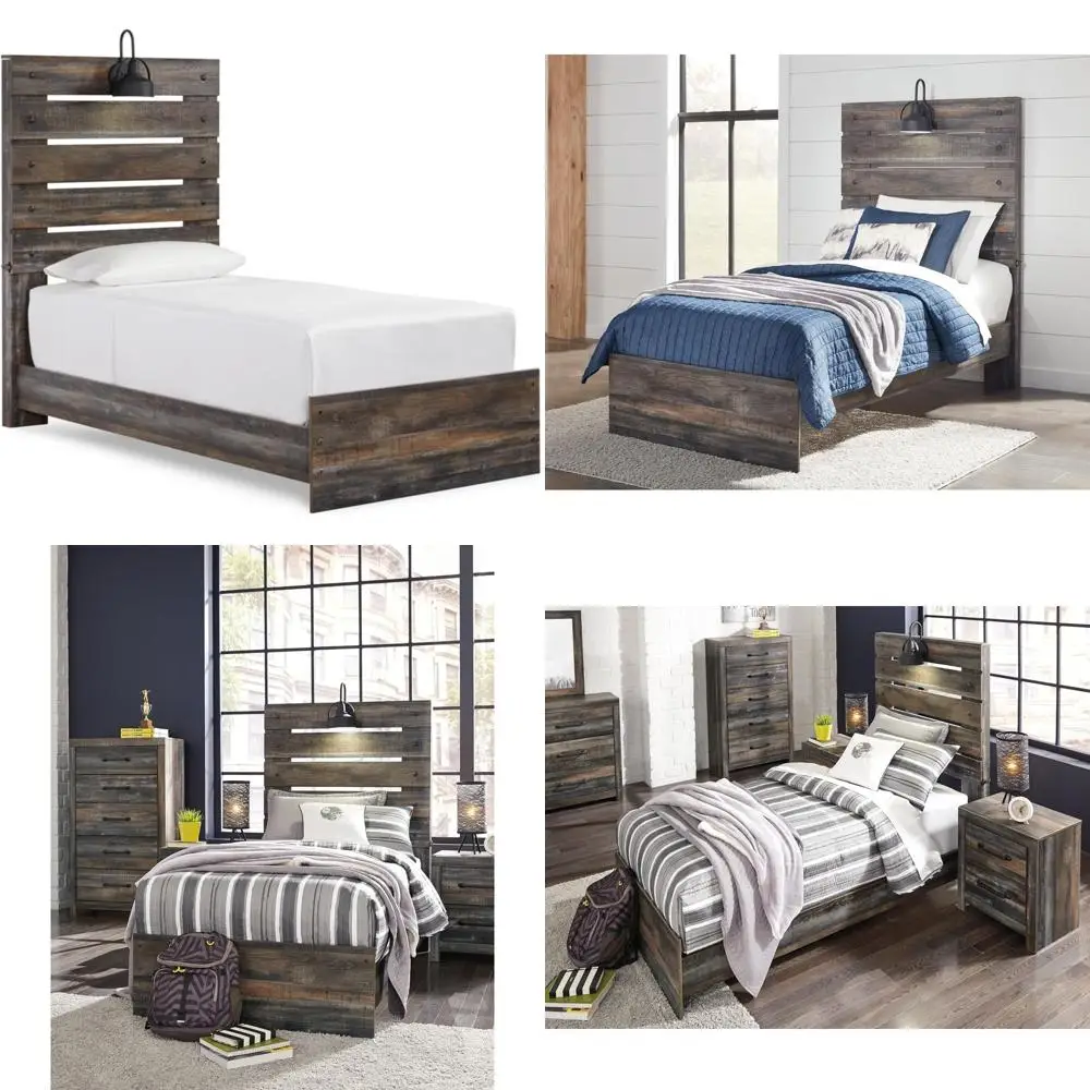 

Двуспальная кровать в деревенском стиле с LED-светильниками, USB-портами, креплениями, не требует основания или пружинного блока, коричневый и серый цвета