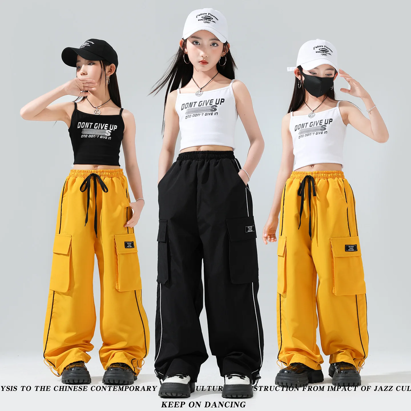 

Kid Kpop Hip Hop Clothing White Black Camisole Crop Tank Yellow Casual Cargo Pants for Girl Boy Jazz Dance Wear Costume Clothes