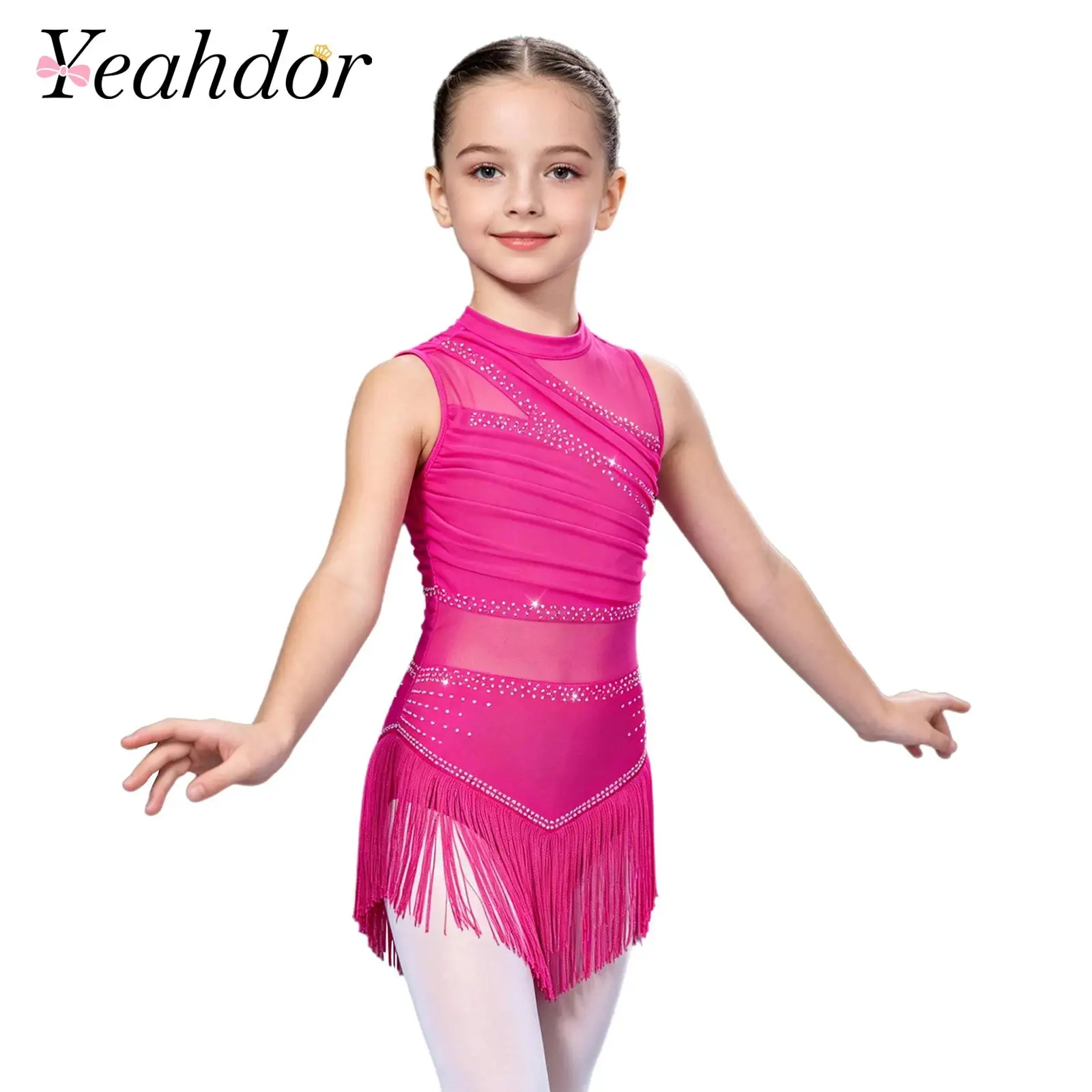Girls Ballroom Cha-cha Latin Dance Dress Rumba Salsa Fringed Dancewear Sleeveless Cutout Shiny Rhinestones Tassel Dress