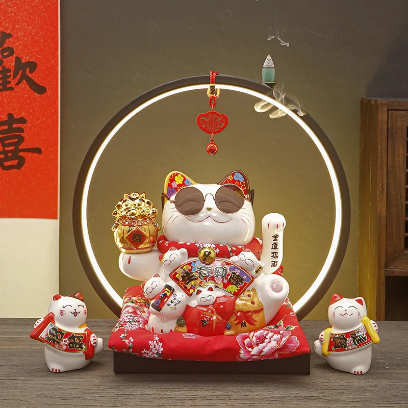 

Cashier Maneki Neko Ceramic Lucky Cat Welcoming Chinese Lucky Cat Automatic Waving Hand Beckoning Fortune Cat Figurines Decor