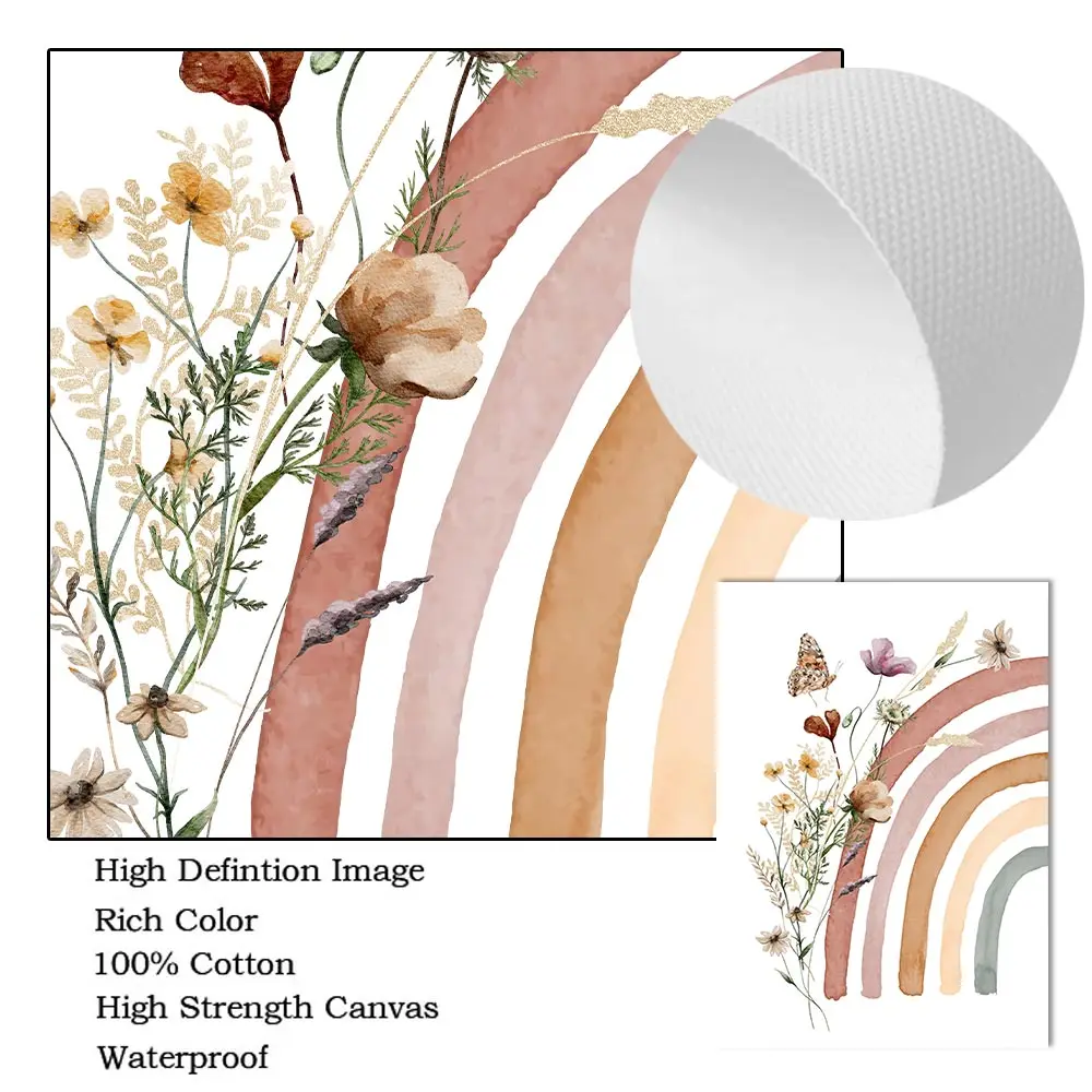 Wildflowers Butterfly Custom Name Wall Art Poster Canvas Painting Boho Rainbow Art Prints Nursery Wall Pictures Kids Room Decor