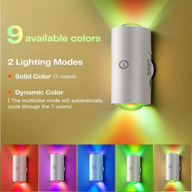Luz noturna com sensor de movimento LED, luz noturna ativada por movimento, luzes de parede sem fio que mudam de 8 cores para quarto, quarto infantil