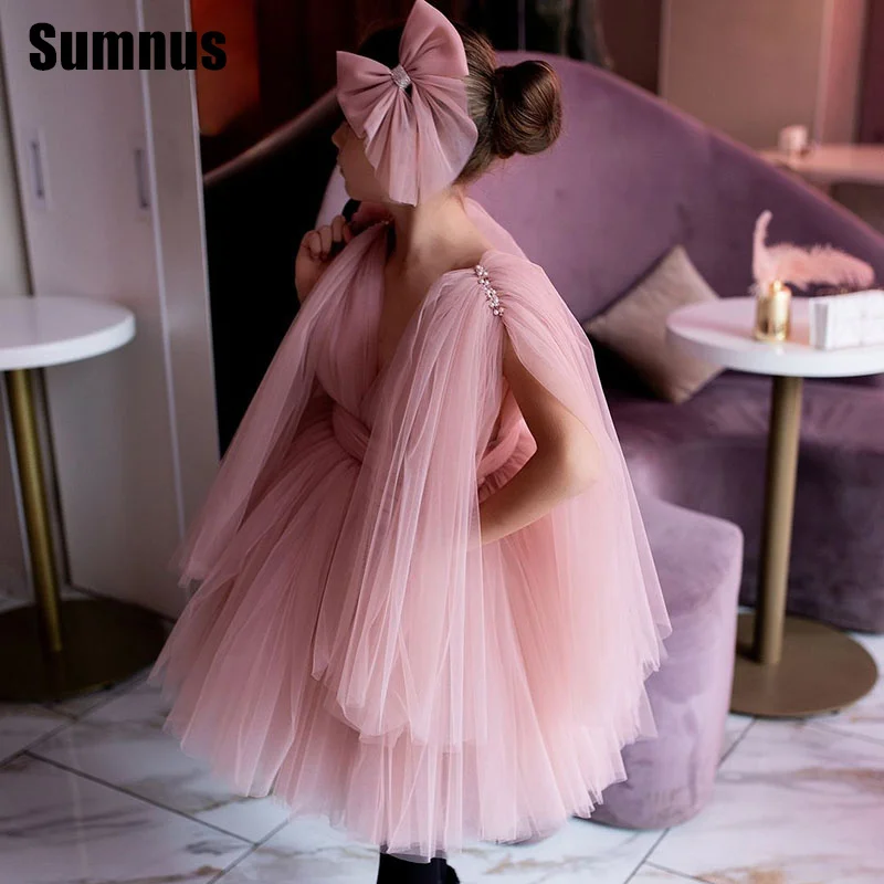 SUMNUS Pink A-Line Flower Girl Dresses Cute Tiered V-Neck Knee-Length Sleeveless Wedding Occasion Gowns Customized