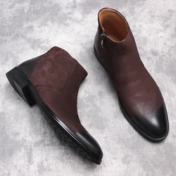 Genuine Leather Fashion Men's Ankle Boots Pointy Black Brown Formal Shoe Dress Boot For Men Side Zipper Men Suede Chelsea Boots