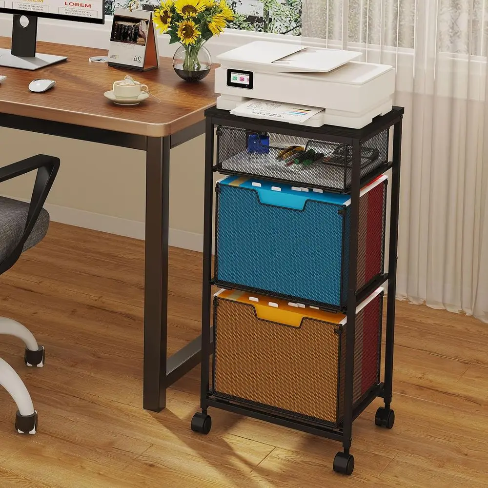 Black Rolling 3-Drawer File Cabinet for Home Office, Lockable, with Hanging Folders and Printer Stand