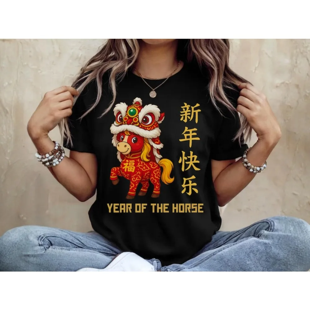 Jahr des Pferdes 2026 Hemd Chinesisches Neujahr Pferd Sternzeichen T-Shirt Kreative Cartoon Drucke Männer Frauen Mode T-shirt Baumwolle Bekleidung