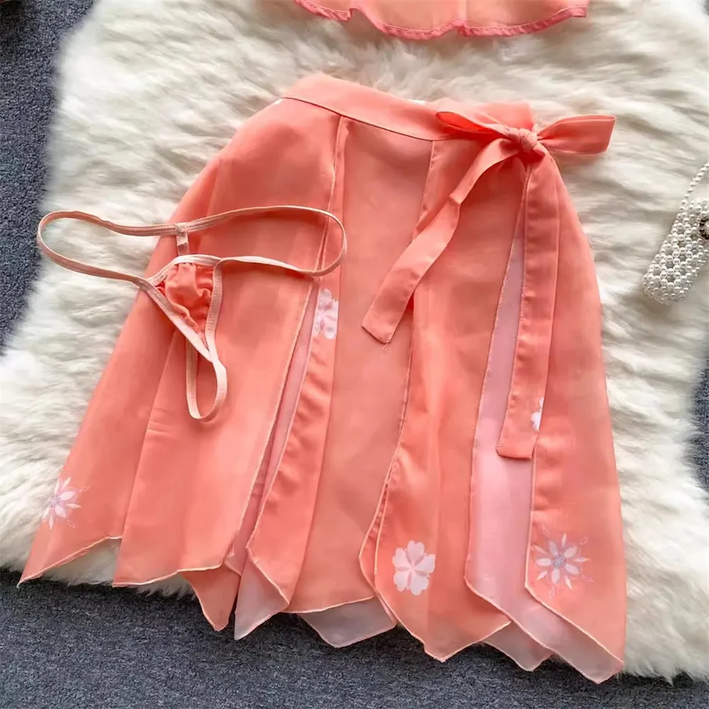 انظر من خلال الحلو مثير الرسن الرقبة أكمام قصيرة المحاصيل الأعلى حزام تنورة صغيرة مطبوعة الأزهار المرأة مجموعة الصينية Hanfu زي جديد #5