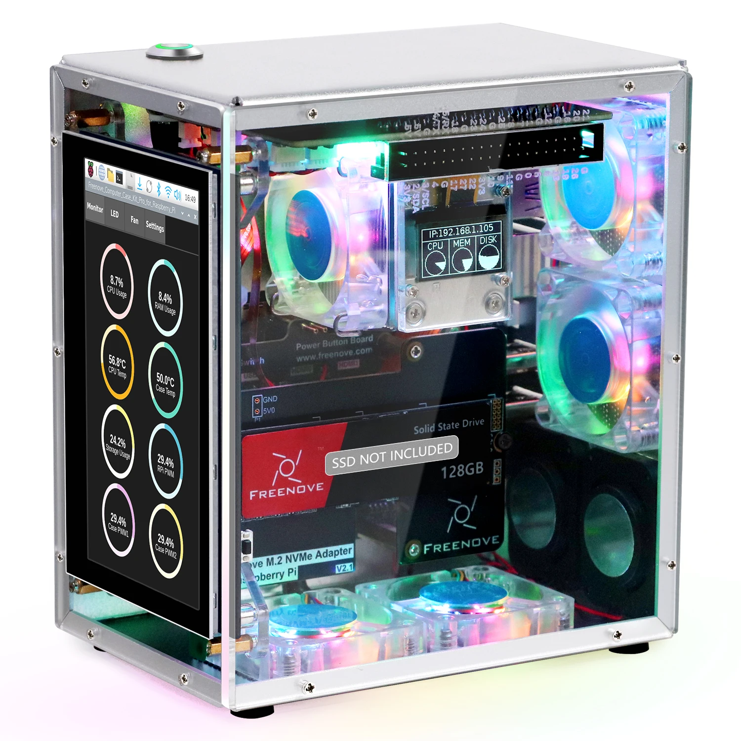 Freenove Raspberry Pi 5 Case Kit Pro, 2/4 M.2 NVMe SSD Slots, 5 PWM ARGB Fans, 4.3