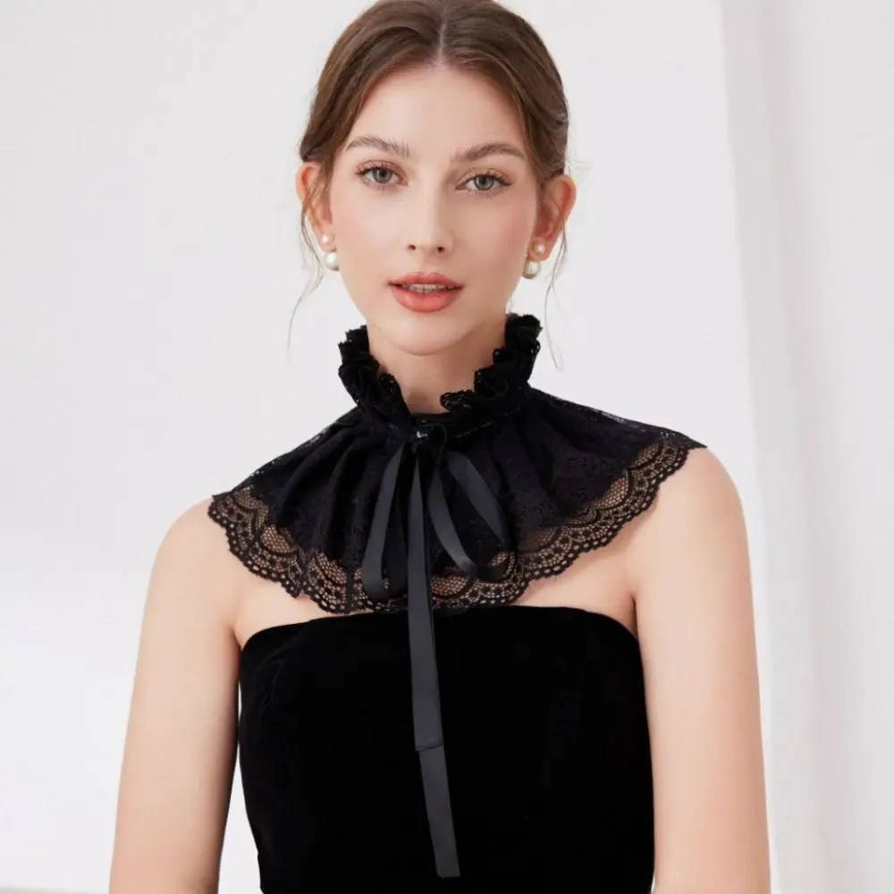 

Fashion Cotton Fake Ruffle High Collar Lace Detachable Victorian False Collar Neck Tie Accessory Women