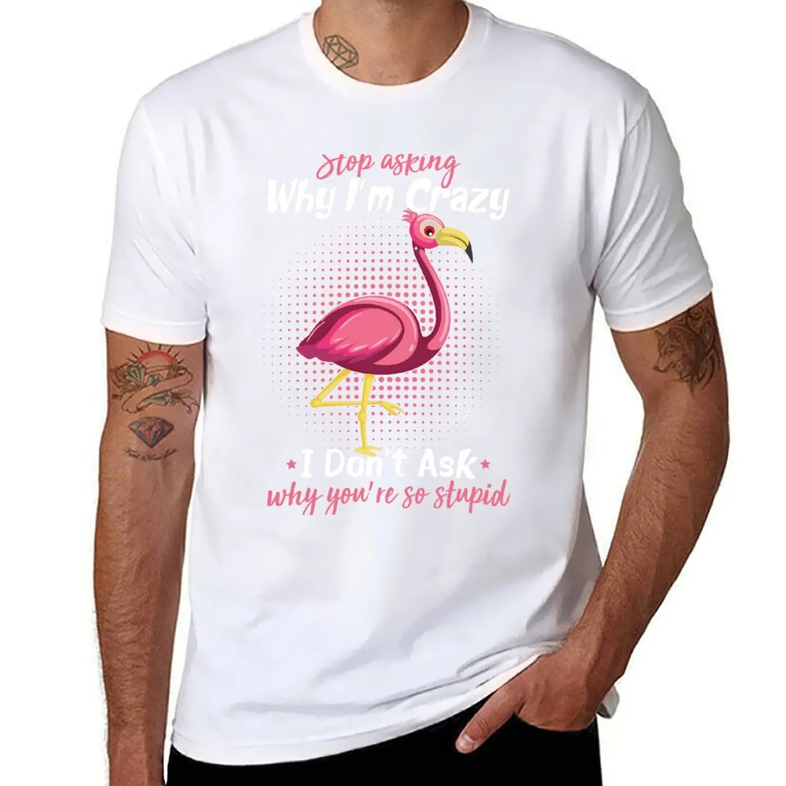 

Funny Flamingo Stop Asking Why I'm Crazy I Don't Ask Stupid T-Shirt cotton t shirt man essential t shirt T-Shirt