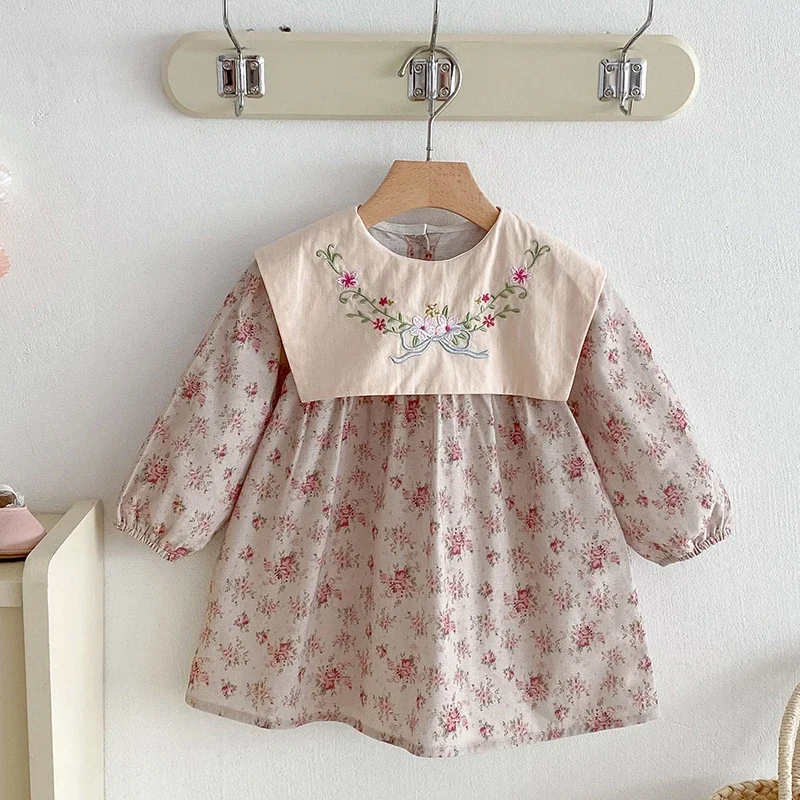 

2025 New Autumn Sister Dress 2-6Yrs Girl Party Dress Long Sleeved Cotton Printed Embroidery Kids Princess Dresses