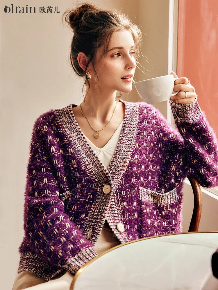OLrain Women‘s Purple Knit Cardigan French 2025 Winter Oversized V-Neck Sweater Elegant Spliced Knitted Lady Jumpers O22DM66361