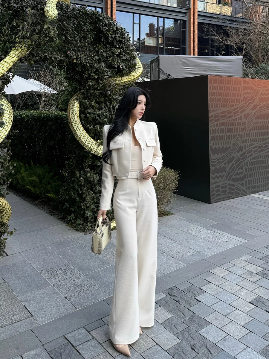 

Деловой костюм с коротким пиджаком и брюками с высокой талией, женский комплект для работы, элегантный и модный.