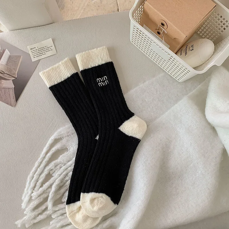 2 Pairs Black White Wool Socks For Women Winter Knitted Thickened Warm Middle Tube Stacked Socks Embroidered Letters Cute Socks