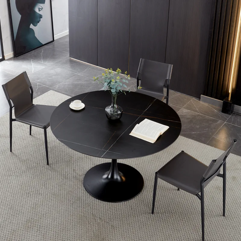 Pure black rock slab round table tulip household round dining table simple white dining room table and chair combination
