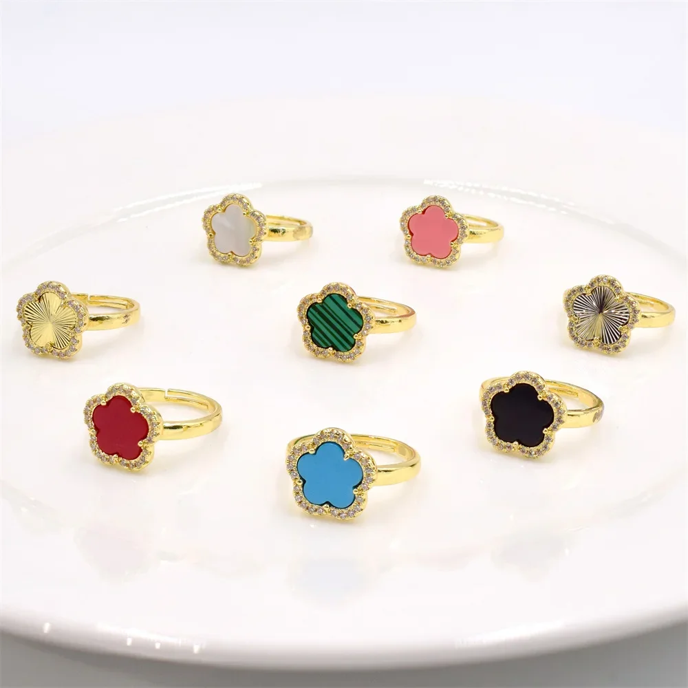 Hot Selling Five Leaf Flower Zirconia Ring Natural Stone Red Onyx Shell Flower Ring High Quality Gold Adjustable Jewelry Gift