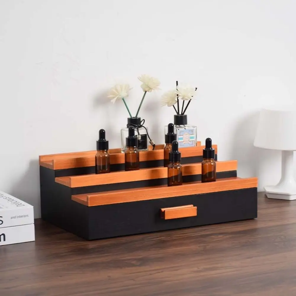 

Stepped Type 3 Tier Cologne Display Stand Space Saving Large Capacity Display Rack with Drawers Wooden Storage Box for Home
